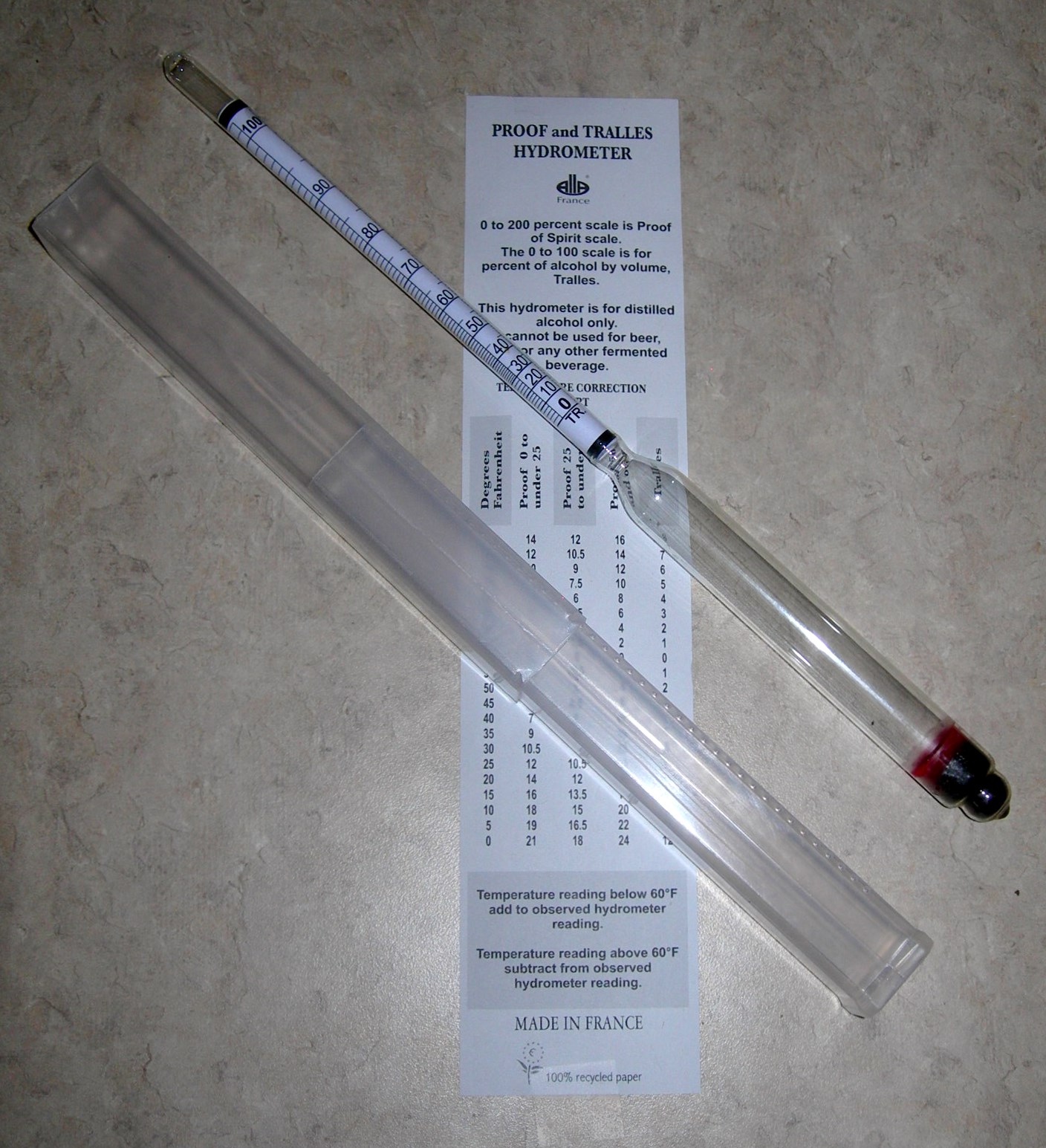 PROOF & TRALLE ALCOHOL HYDROMETER for MOONSHINE STILL and DISTILLED